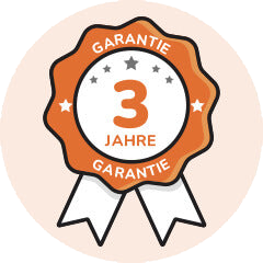 'Three-year guarantee badge with stars and ribbon, labeled in German.'