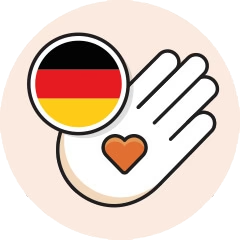 A hand with a heart and a German flag symbol.