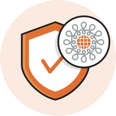 A shield with a checkmark and a globe with interconnected loops.